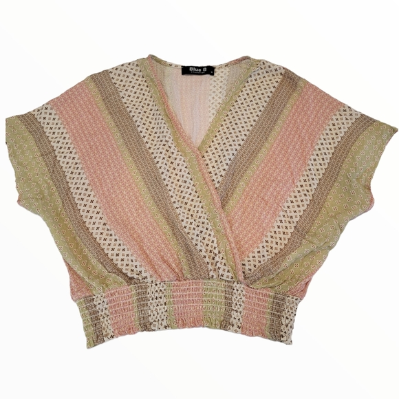 Blue B Collection Dolman Wrap Smocked Waist Crop Top Size Medium Pink Tan - Picture 4 of 13